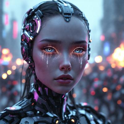 The primary subject of the image is a woman with blue eyes and tears streaming down her face. She is wearing a futuristic, high-tech outfit, which includes a helmet and a silver dress. The setting is a futuristic city, with a backdrop of a crowd of people. The visual style is a combination of photo and digital art, creating a surreal and intriguing atmosphere. The colors are predominantly silver and blue, with the blue eyes of the woman being the most striking feature. The overall mood of the image is one of mystery and intrigue, as the woman's tears and the futuristic setting evoke a sense of emotion and wonder.